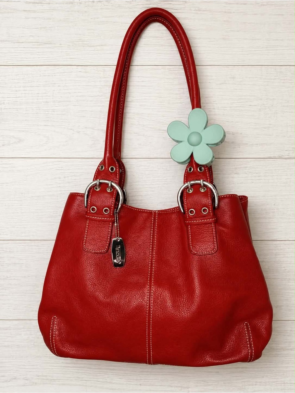 Tignanello Red Leather Shoulder Bag with Silver Hardware